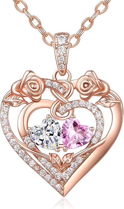 JIYVY32 Rose Heart Necklace for Women Exquisite 925 Sterling Silver Anniversary Birthday Gifts for Wife Mom Her Double Birthstone Pendant Jewelry