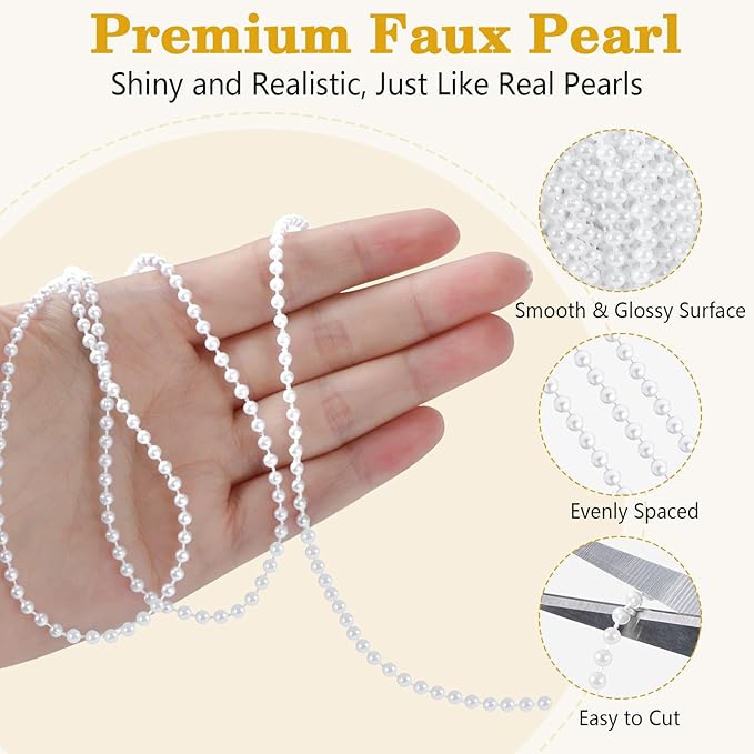 164 Feet Faux Pearl Garland, 3mm Pearl String Roll Strands, Extended String of Pearls Garland for Christmas Tree Wedding Party Decoration Centerpieces Flowers DIY Crafts (White)
