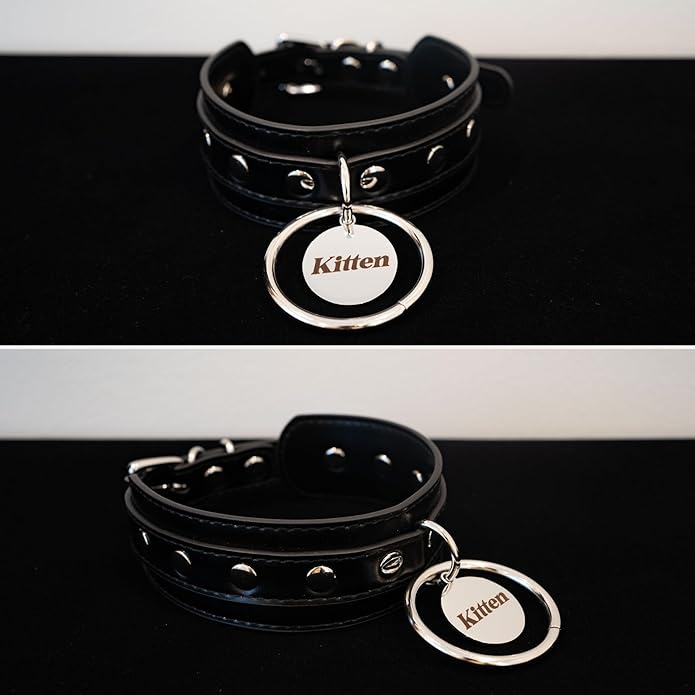 Black O-ring Leather Choker Collar for Women, Gothic Punk Style Adjustable Choker Necklace with Rivets and Engraved Letters Steel Tag