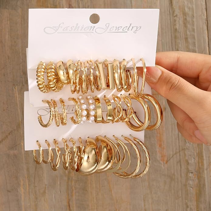 FAXHION 36 Pairs Gold Earrings Set for Women, Fashion Pearl Chain Link Stud Drop Dangle Earrings Multipack Hoop Earring Packs, Hypoallergenic Earrings for Birthday Party Jewelry
