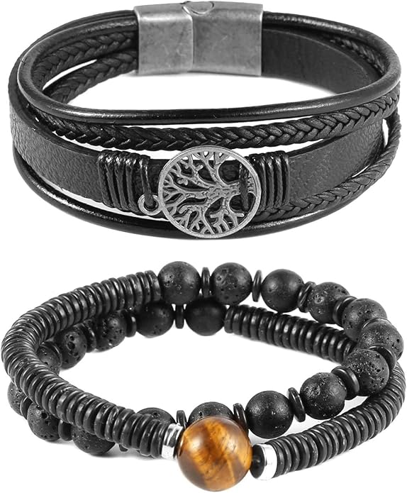 HZMAN Genuine Leather Tree of life Bracelets Men Women, Tiger Eye Natural Stone Lava Rock Beads Ethnic Tribal Elastic Bracelets Wristbands