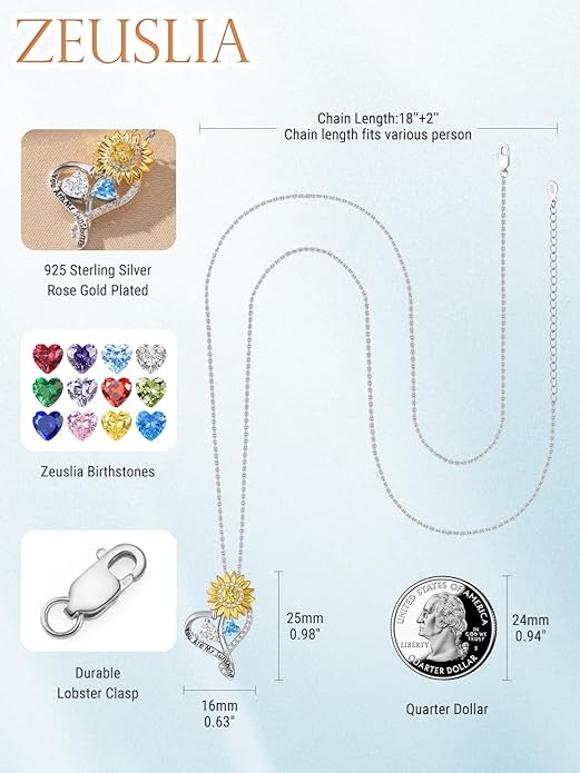 Zeuslia Double Birthstone Necklace Gifts for Wife - 925 Sterling Silver Sunflower/Rose/Crown Cross/Compass/Heart Pendant I Love You Necklace, Anniversary Birthday Gifts for Wife Girlfriend Mom Her
