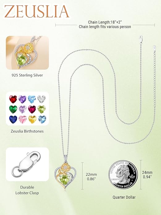 Zeuslia Double Birthstone Necklace Gifts for Wife - 925 Sterling Silver Sunflower/Rose/Crown Cross/Compass/Heart Pendant I Love You Necklace, Anniversary Birthday Gifts for Wife Girlfriend Mom Her