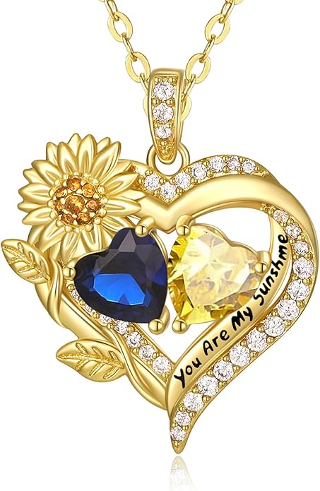 Sunflower Heart Necklace for Women 14K Gold Exquisite Anniversary Birthday Gifts for Wife Mother Her Double Birthstone Pendant jewelry‘You Are My Sunshine’