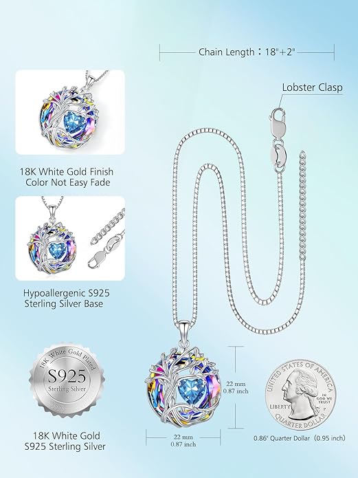 TOUPOP Christmas Gifts Tree of Life Birthstone Necklace 925 Sterling Silver Pendant Austrian Crystal Jewelry Anniversary Birthday Gifts for Women Mom Her Wife