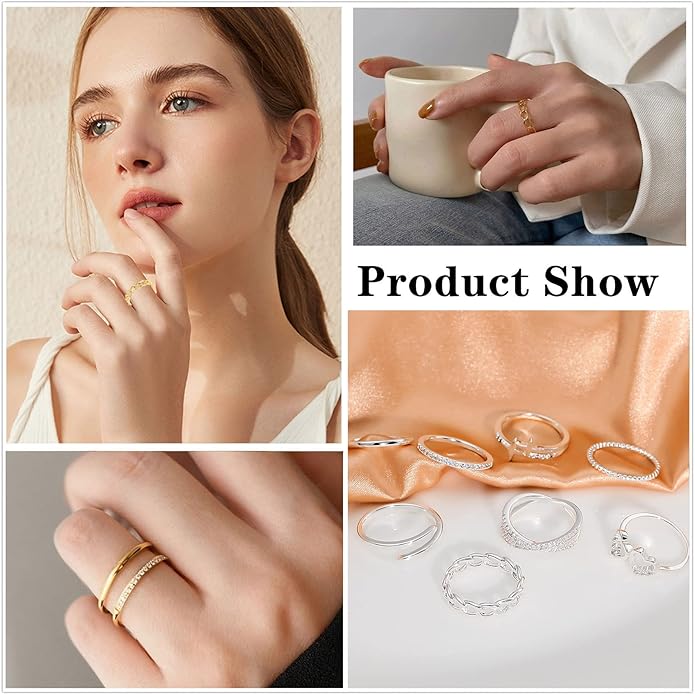 Honsny 14K Gold Plated Stacking Rings Set for Women, Stackable Knuckle Thumb Rings Thin Dainty Silver Rings for Women Wedding Eternity Band Simple Rose Gold Ring Size 4-11