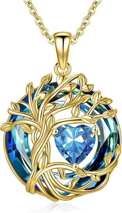 TOUPOP Tree of Life Birthstone Necklace 925 Sterling Silver Pendant Austrian Crystal Jewelry Anniversary Birthday Christmas Gifts for Women Mom Her Wife