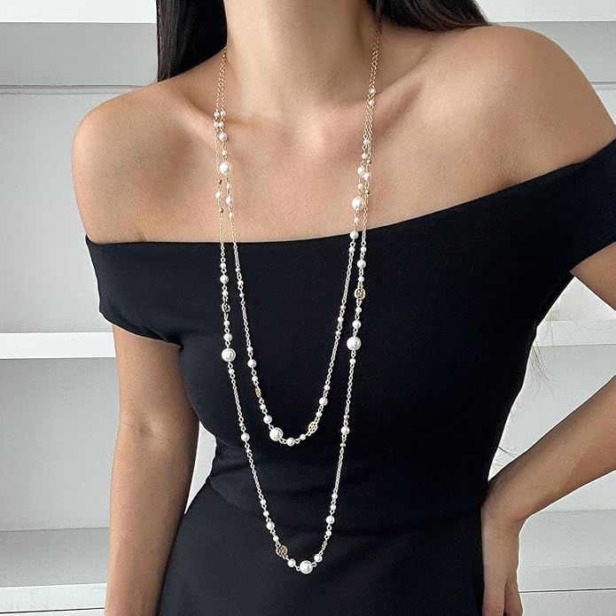 Long Pearl Necklaces for Women Pearl Long Chain Necklace Dainty Gold And Long Pearl Necklaces Layered Pearl Necklace Statement Sweater Strand Chain Jewelry