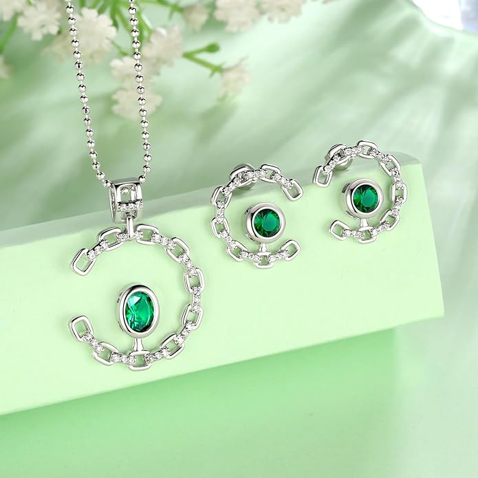 Ydou Elegant C-Shaped Crystal Necklaces/Stud Earrings Set with Birthstone Jewelry Set Silver Plated Fashion Jewelry for Women CS0003