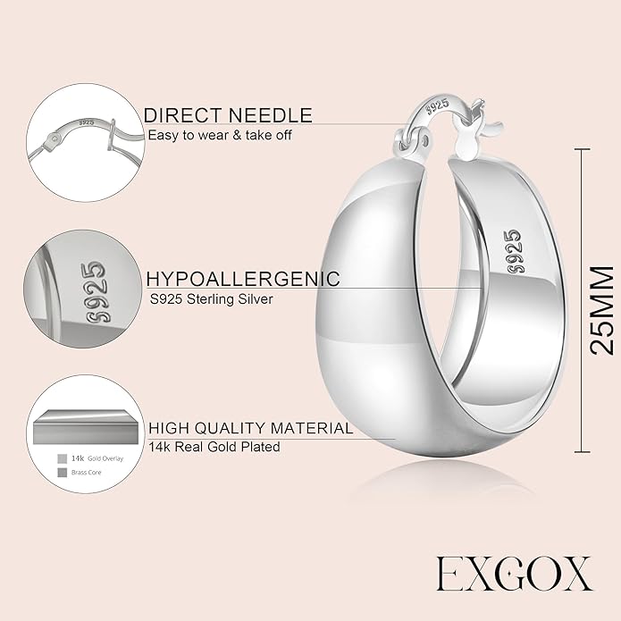 EXGOX Gold Hoop Earrings for Women Sterling Silver Post Hoops Earrings for Women Wide Thick Silver Hoop Earrings Hypoallergenic Lightweight 14k Real Gold Plated Hoop Large Earrings (25/30/40/50MM)