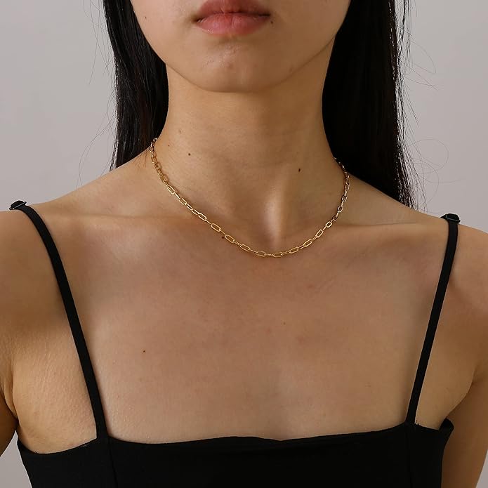 Dainty Chain Necklace for Women, 18K Gold Plated Coin Disc Choker Necklaces Simple Satellite Beaded Twisted Thin Paper Clip Chain Everyday Jewelry Gifts