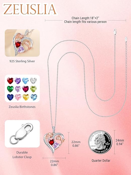 Zeuslia Double Birthstone Necklace Gifts for Wife - 925 Sterling Silver Sunflower/Rose/Crown Cross/Compass/Heart Pendant I Love You Necklace, Anniversary Birthday Gifts for Wife Girlfriend Mom Her