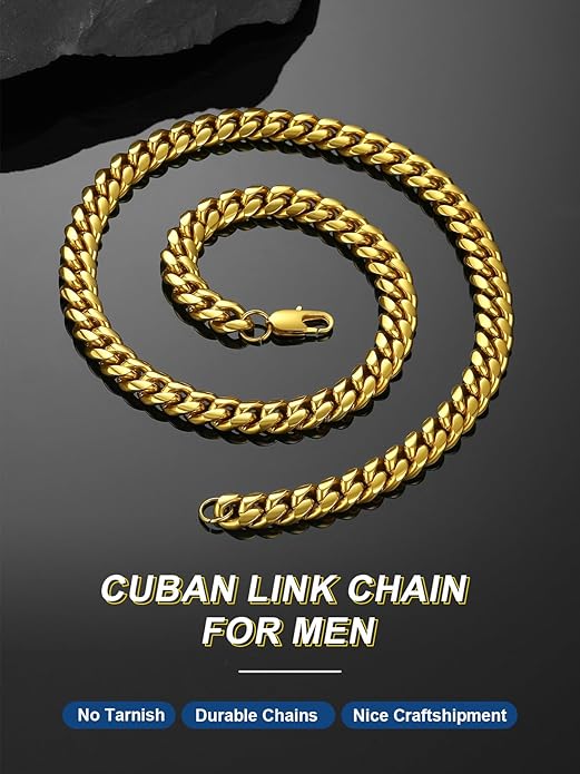 ChainsPro Chunky Miami Cuban Link Chains for Men,Stainless Steel Cuban Chain Necklace,4.8/6/10/14mm Width,No Tarnish& Thick Hip Hop Jewelry,18-30 inch Length, Black/Gold Plated/Silver,Send Gift Box