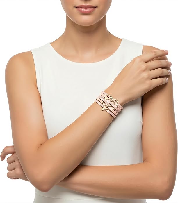 Edoneery Leather Wrap Bracelet for Women, Boho Handmade Multi-Layer Cuff with Crystal Beads Heart, Stackable Bangle Western Jewelry Gift