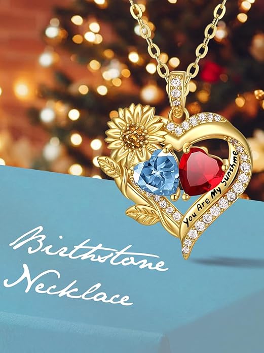 Sunflower Heart Necklace for Women 14K Gold Exquisite Anniversary Birthday Gifts for Wife Mother Her Double Birthstone Pendant jewelry‘You Are My Sunshine’