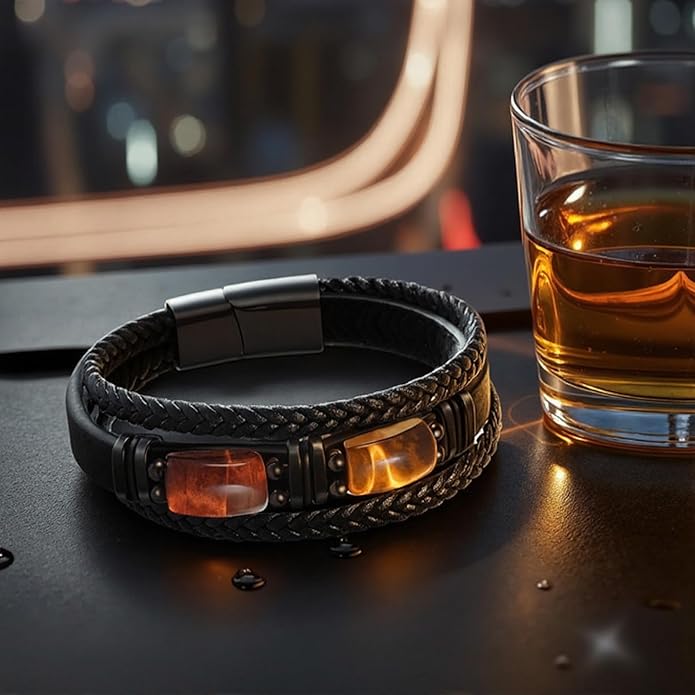 Tiger Eye Black Leather Bracelet Men Natural Tiger Eye Gemstone Crystal Stone Jewelry Handmade Courage And Stress Relief Protection Bracelet