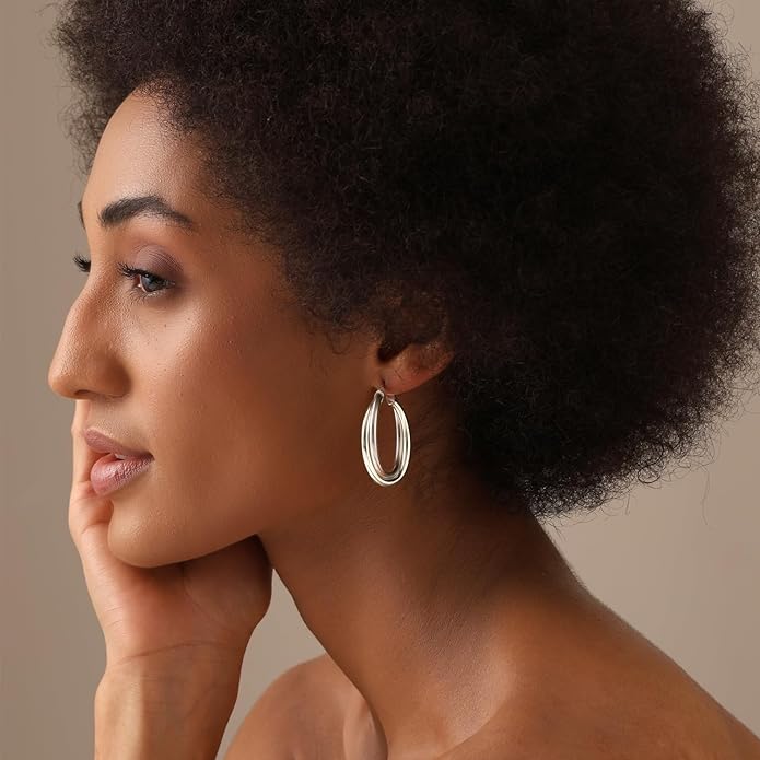 LeCalla 925 Sterling Silver Chunky Hoop Earrings | 14K Two-Tone Three-Tone Hoop Earrings | Intertwining Oval Shape Polished Twisted Hoop Earrings for Women