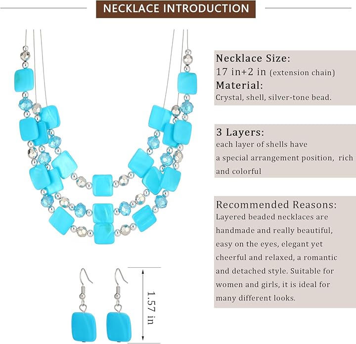Layered Beaded Statement Necklaces for Women Square Shell Bead Collar Necklace and Earring Set Birthday Gifts Boho Jewelry Sets for Women