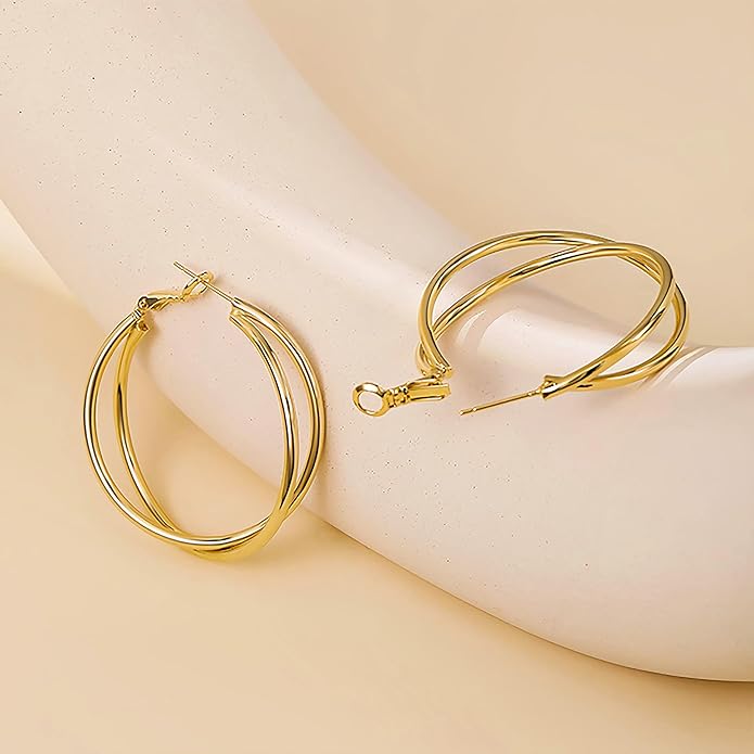 Gold Hoop Earrings for Women 18K Gold Plated - 40mm & 50mm Sizes, Double Layer/Twisted Styles, Hypoallergenic 925 Sterling Silver Posts, Lightweight Trendy Jewelry Gift