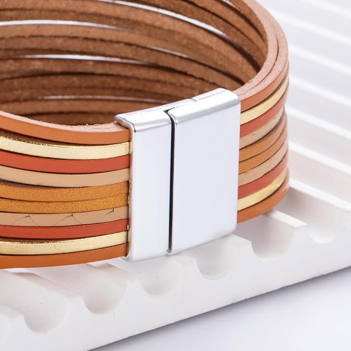 FANCY SHINY Boho Leather Wrap Bracelet Stackable Layered Bangle Cuff with Magnetic Clasp