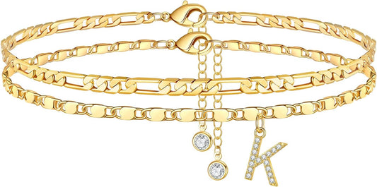 Ursteel Ankle Bracelets for Women, 14K-Gold-Plated Dainty Layered Chain CZ Initial Anklets Set Summer Jewelry Gifts for Women