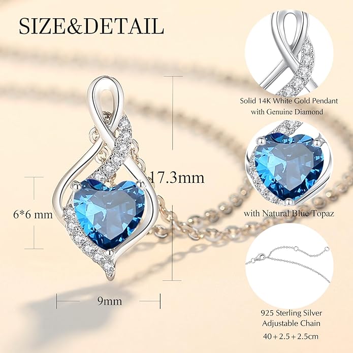 FANCIME 14K Solid White Gold Infinity Heart Birthstone Necklace for Women with Diamond Pendant Birthday Gifts for Mom Women Sterling Silver Chain 16" + 2" Extender