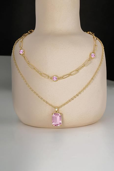 Gold Layered Pendant Necklaces for Women 14k Gold Plated Crystal Choker Necklace Paperclip Rhinestone Necklace Party Prom Jewelry