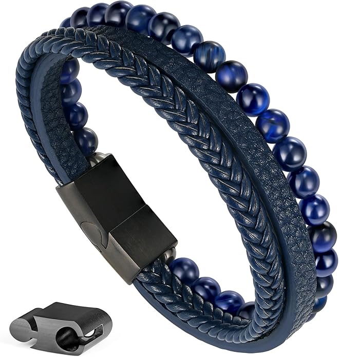 Gifts for Men - Layered Leather Beads Bracelet, Tiger Eye Lava Rock Stone Braided Leather Bracelets for Men Adjustable Magnetic Clasp Birthday Gifts