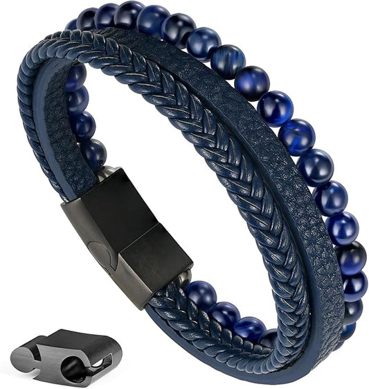 Gifts for Men - Layered Leather Beads Bracelet, Tiger Eye Lava Rock Stone Braided Leather Bracelets for Men Adjustable Magnetic Clasp Birthday Gifts