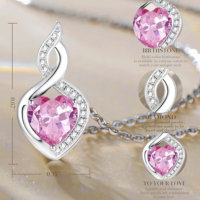 FANCIME 14K Solid White Gold Heart Birthstone Necklace with Diamond Pendent Birthday Gifts for Mom Women, Sterling Silver Chain 16" + 2" Extender