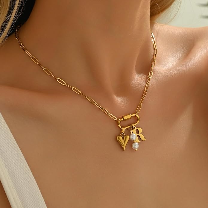 Gold Heart Initial Necklaces for Women 18K Gold Plated Dainty Pearl Letter Necklace Personalized Monogram Name A-Z Pendant Everyday Jewelry for Women