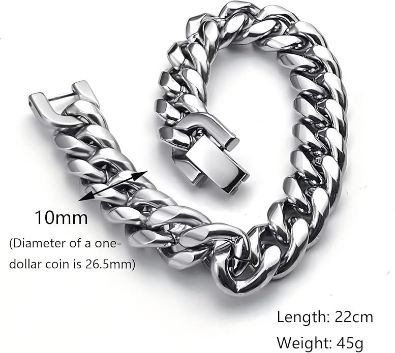 Cuban Link Bracelet for Men, 10mm Wide, Smooth Exquisite Casual Cuba Mens Cuff Jewelry Gift