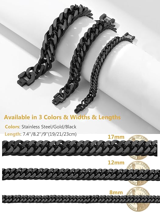 8/12/17mm Wide Cuban Link Bracelet for Men Father Gift 18K Gold/Black Plated Stainless Steel Bracelets 7.4-9 Inches(Gift Wrapped)