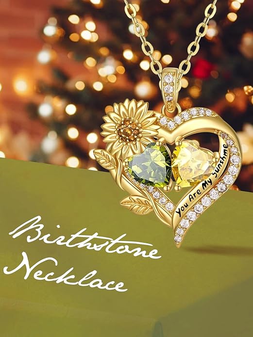 Sunflower Heart Necklace for Women 14K Gold Exquisite Anniversary Birthday Gifts for Wife Mother Her Double Birthstone Pendant jewelry‘You Are My Sunshine’