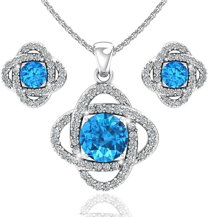 Women 925 Sterling Silver Cute Love Knot Sparkling Gemstone Push Back Stud Earrings Hanging Pendant Necklace Beautiful Fine Jewelry Accessory Set, 1.65 Carat