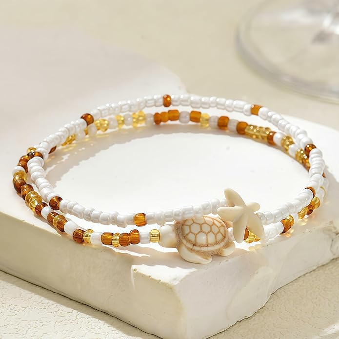 Shell Ankle Bracelet Set for Women, Gold Plated Boho Bead Adjustable Anklet, Hawaiian Beach Seashell Pearl Heart Starfish Conch Foot Jewelry Gifts
