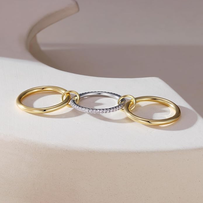 FUSAHURIY 2PCS Gold Stackable Rings Set for Women, 14K Gold Plated Interlocking Linked Rings with Cubic Zirconia, Gold Silver Mixed Metal Stackable Ring, Statement Jewelry Gifts