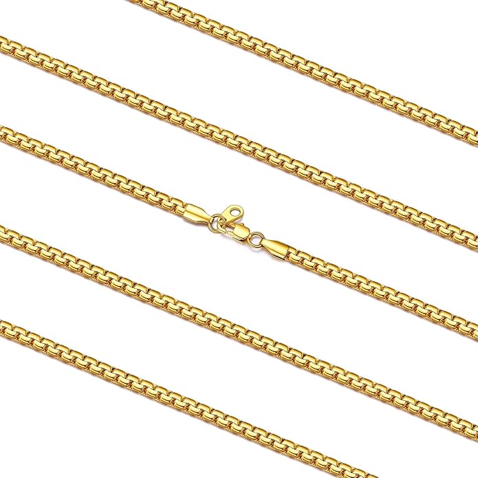 FaithHeart Mens Black/Silver/Gold Stainless Steel Flat Box Link Chain Necklace, Stylish 2/4/6/8mm Width Box Chains Necklaces for Men Non Tarnish Hip Hop Chain Jewelry Gifts,14"-30" Length
