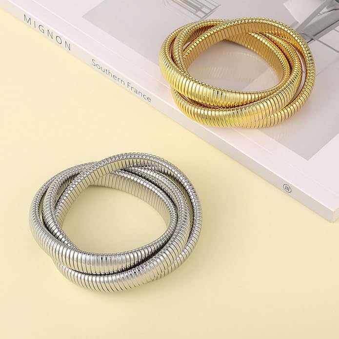 Emibele Gold Bangles Bracelet Set for Women, 18K Gold Plated Chunky Stainless Steel Non Tarnish Stretch Bracelet Stack, Flexible Wide Wristband Bangle Layered Snake Chain Bracelets