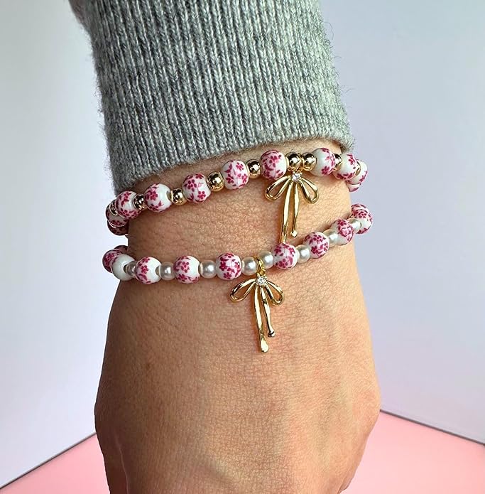Beads Bow Charm Bracelet for Women Flower Vintage Bracelet Handmade Stretch Beaded Dainty Romantic Jewelry Gifts