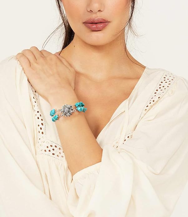 Boho Genuine Turquoise Bracelet for Women Western 925 Sterling Silver Gemstone Tree of Life Dream Catcher Sunflower Bracelets Jewelry for Her