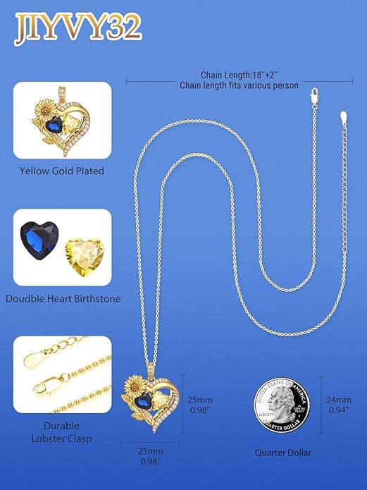 Sunflower Heart Necklace for Women 14K Gold Exquisite Anniversary Birthday Gifts for Wife Mother Her Double Birthstone Pendant jewelry‘You Are My Sunshine’