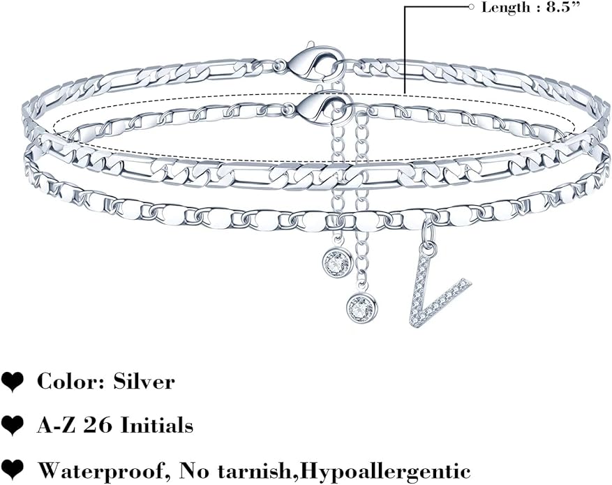 Ursteel Ankle Bracelets for Women, 14K-Gold-Plated Dainty Layered Chain CZ Initial Anklets Set Summer Jewelry Gifts for Women
