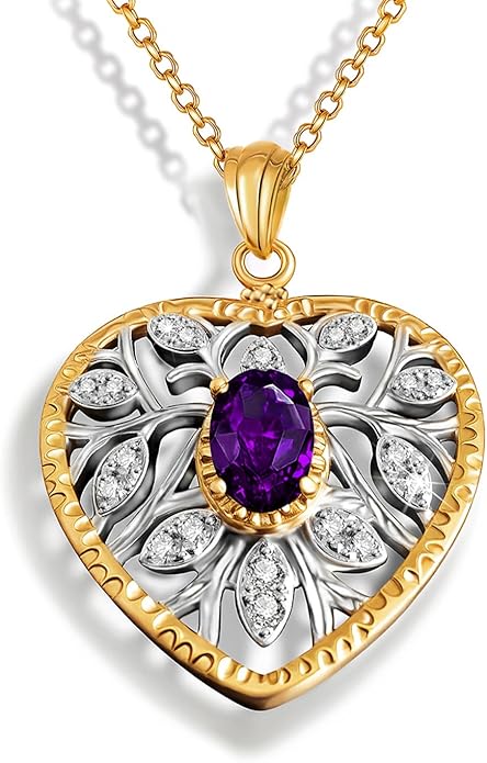 Raneecoco Natural Gemstone Necklace for Women 18K Gold Plated Sterling Silver Two-Tone Tree of Life & Love Heart Pendant Jewelry | Dainty Birthstone Gift For Her Mother Wife