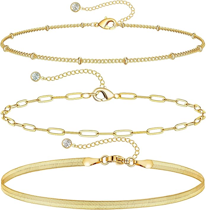 DEARMAY 14K Gold Plated Ankle Bracelets for Women Waterproof - Dainty 6Pcs Anklets Layered Cuban Link Chain Herringbone Cute Anklets Set Pack Summer Beach Jewelry Gift for Women Teen