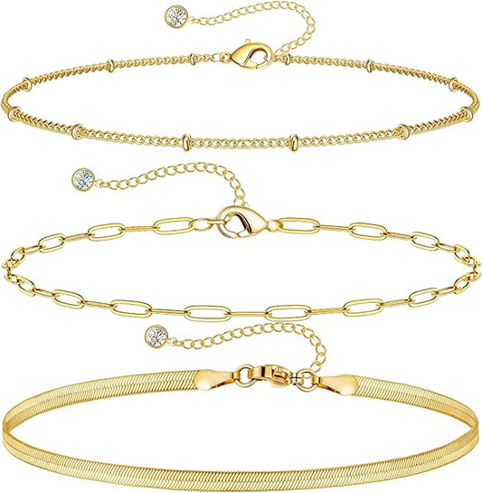 DEARMAY 14K Gold Plated Ankle Bracelets for Women Waterproof - Dainty 6Pcs Anklets Layered Cuban Link Chain Herringbone Cute Anklets Set Pack Summer Beach Jewelry Gift for Women Teen