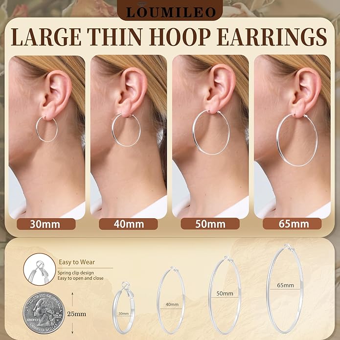 LOUMILEO 2mm Thin 925 Sterling Silver & 14k Gold Plated Hoop Earrings Large Silver Hoop Earrings Hypoallergenic Lightweight Hoops Earrings for Women 30/40/50/65MM