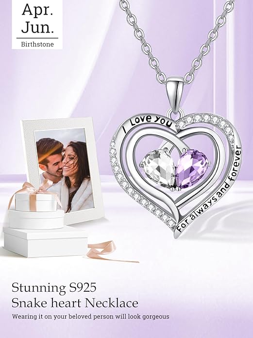Zeuslia Double Birthstone Necklace Gifts for Wife - 925 Sterling Silver Sunflower/Rose/Crown Cross/Compass/Heart Pendant I Love You Necklace, Anniversary Birthday Gifts for Wife Girlfriend Mom Her