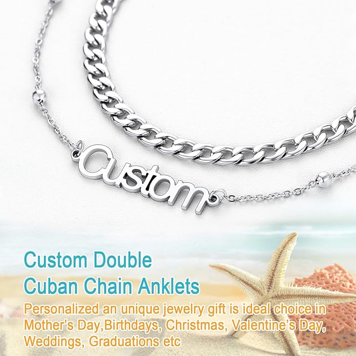 U7 Custom Layered Ankle Bracelets for Women Stainless Steel Bead/Cuban/Figaro/Rope/Wheat Chain Anklet Waterproof Anklet Jewelry for Beach Vacation