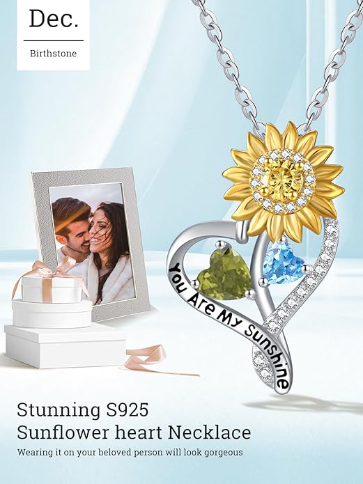 Zeuslia Double Birthstone Necklace Gifts for Wife - 925 Sterling Silver Sunflower/Rose/Crown Cross/Compass/Heart Pendant I Love You Necklace, Anniversary Birthday Gifts for Wife Girlfriend Mom Her